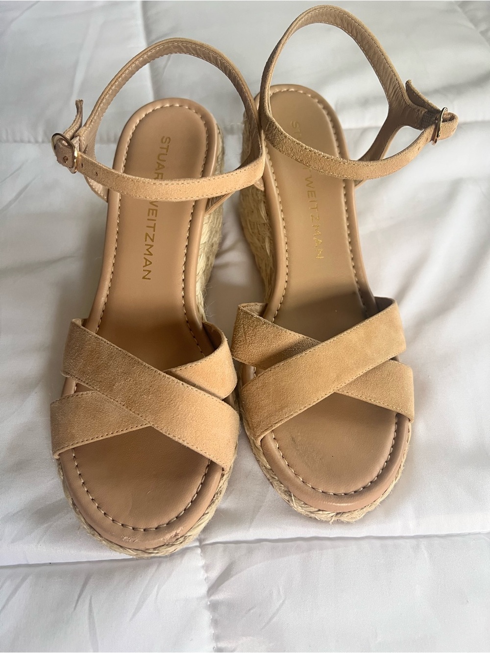 Stuart Weitzman Tan Suede Espadrille Wedge Sandals - Picture 2 of 5